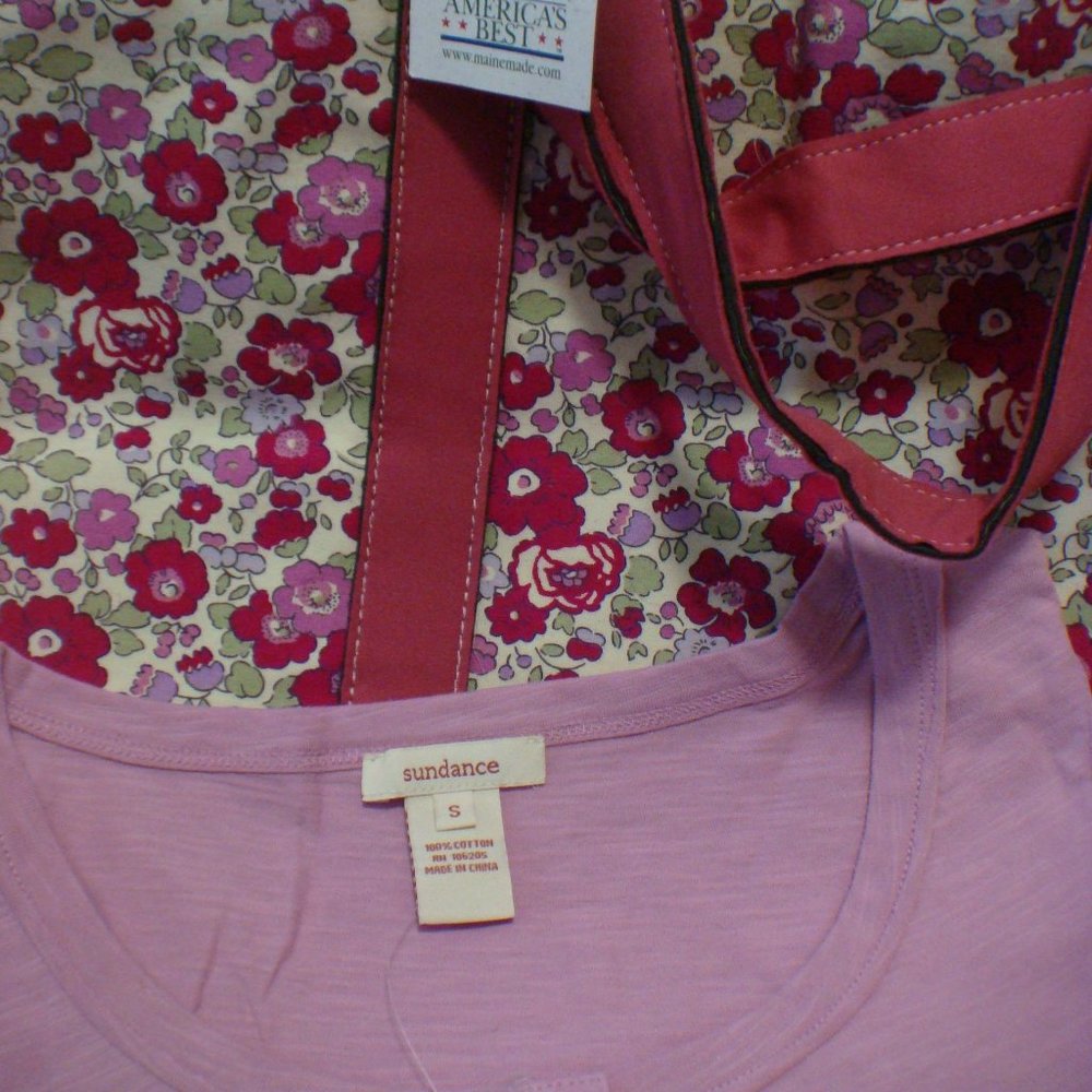 Sundance Catalog small lilac pink shirt & Isadora Story tote